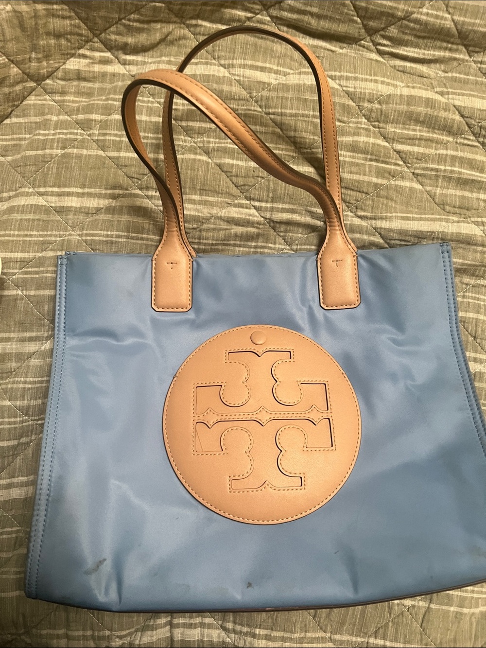 Tory Burch Light Blue Nylon Tote with Tan Leather Logo and Handles
